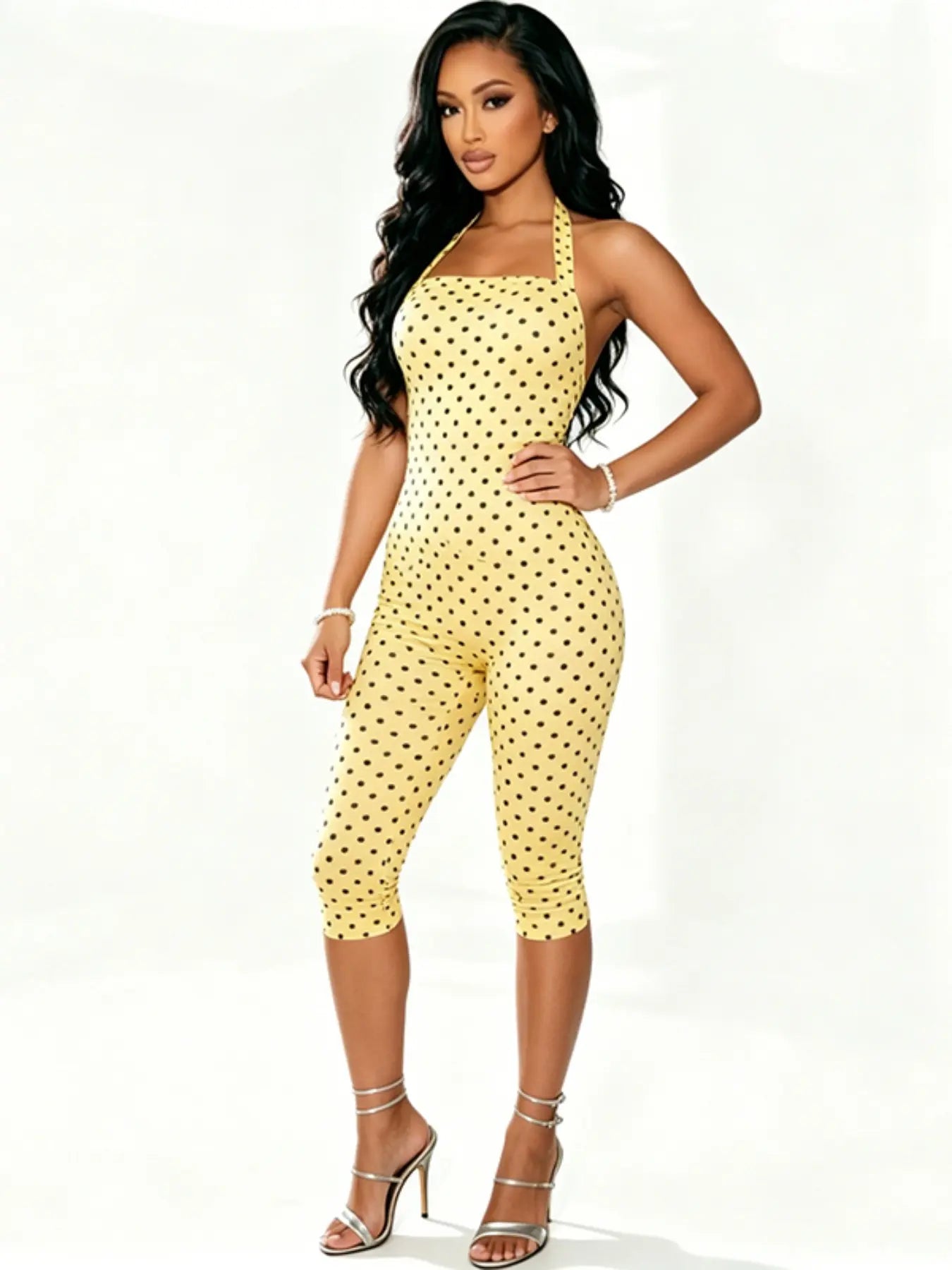Women'S Polka Dot Sleeveless Halter Bodycon Long Pants, Elegant Retro Style, Halter Neck Jumpsuit, Perfect for Daily Commute and Dates, Elegant Fashion Jumpsuit