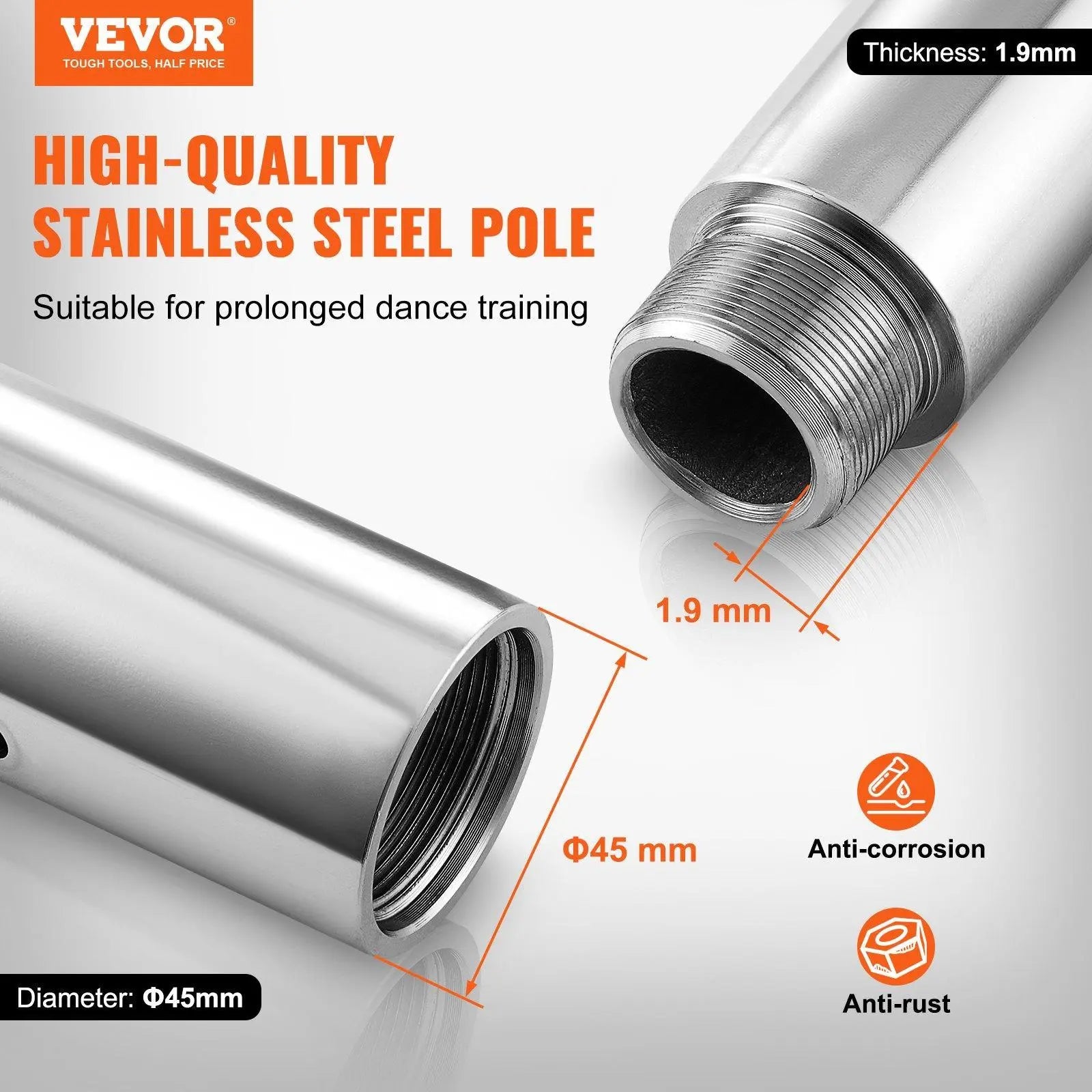 【Summerfinds】Vevor Professional Dancing Pole, , Spinning Static Dancing Pole Kit, Portable Removable Pole, 45Mm Heavy-Duty Stainless Steel Pole, Height Adjustable Fitness Pole, for Exercise Home Club Gym, Silver,Camping Essentials