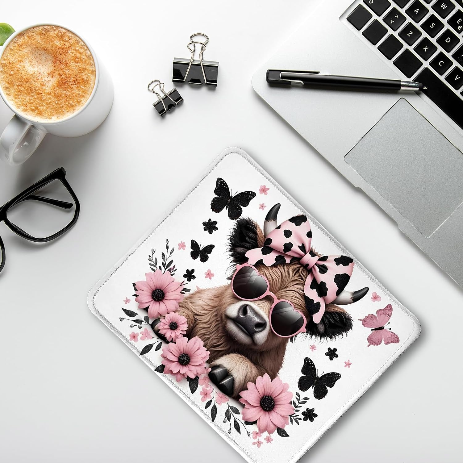 Highland Cow Mouse Pad, Coquette Pink Bow Floral Cow Mouse Pads for Wireless Mouse Computers Laptop Desk Accessories, 9.5X7.9 Inch