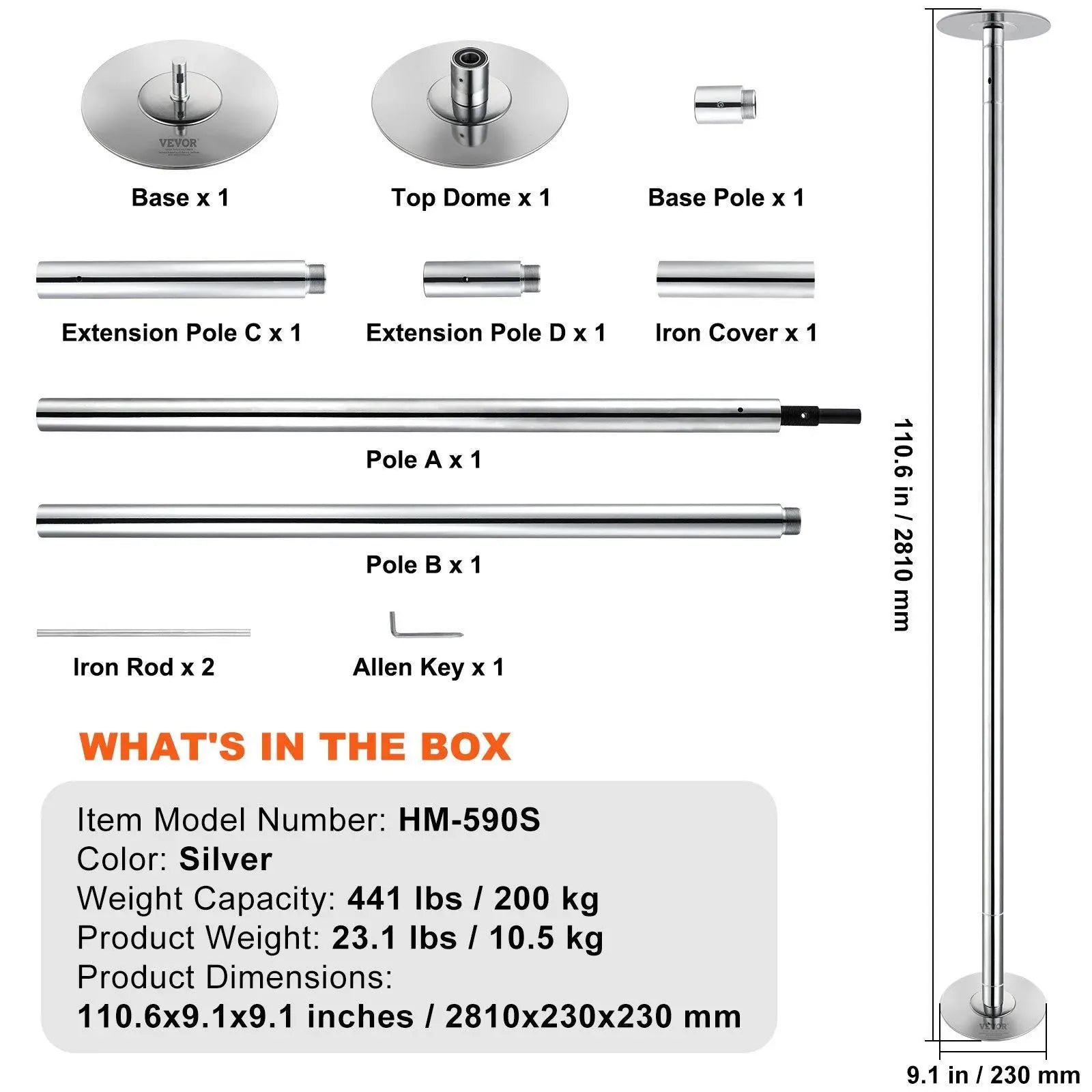 【Summerfinds】Vevor Professional Dancing Pole, , Spinning Static Dancing Pole Kit, Portable Removable Pole, 45Mm Heavy-Duty Stainless Steel Pole, Height Adjustable Fitness Pole, for Exercise Home Club Gym, Silver,Camping Essentials