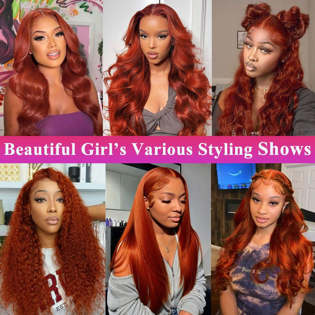 Reddish Brown Lace Front Wigs Human Hair Body Wave 200% Density Pre Plucked Auburn Brown Human Hair 13X6 Lace Front Wigs HD Transparent Lace Frontal Colored Wigs Human Hair for Women 24 Inch