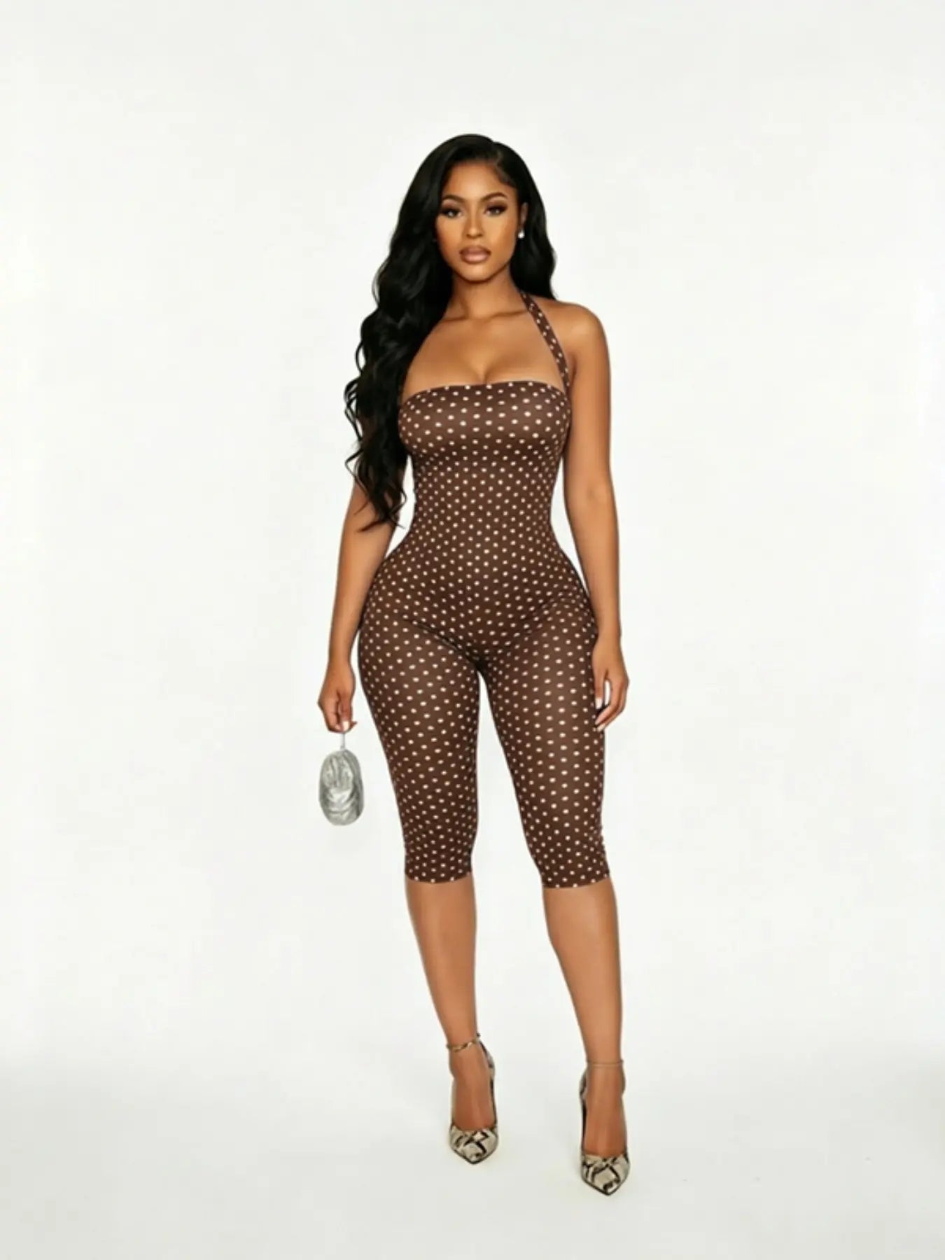 Women'S Polka Dot Sleeveless Halter Bodycon Long Pants, Elegant Retro Style, Halter Neck Jumpsuit, Perfect for Daily Commute and Dates, Elegant Fashion Jumpsuit