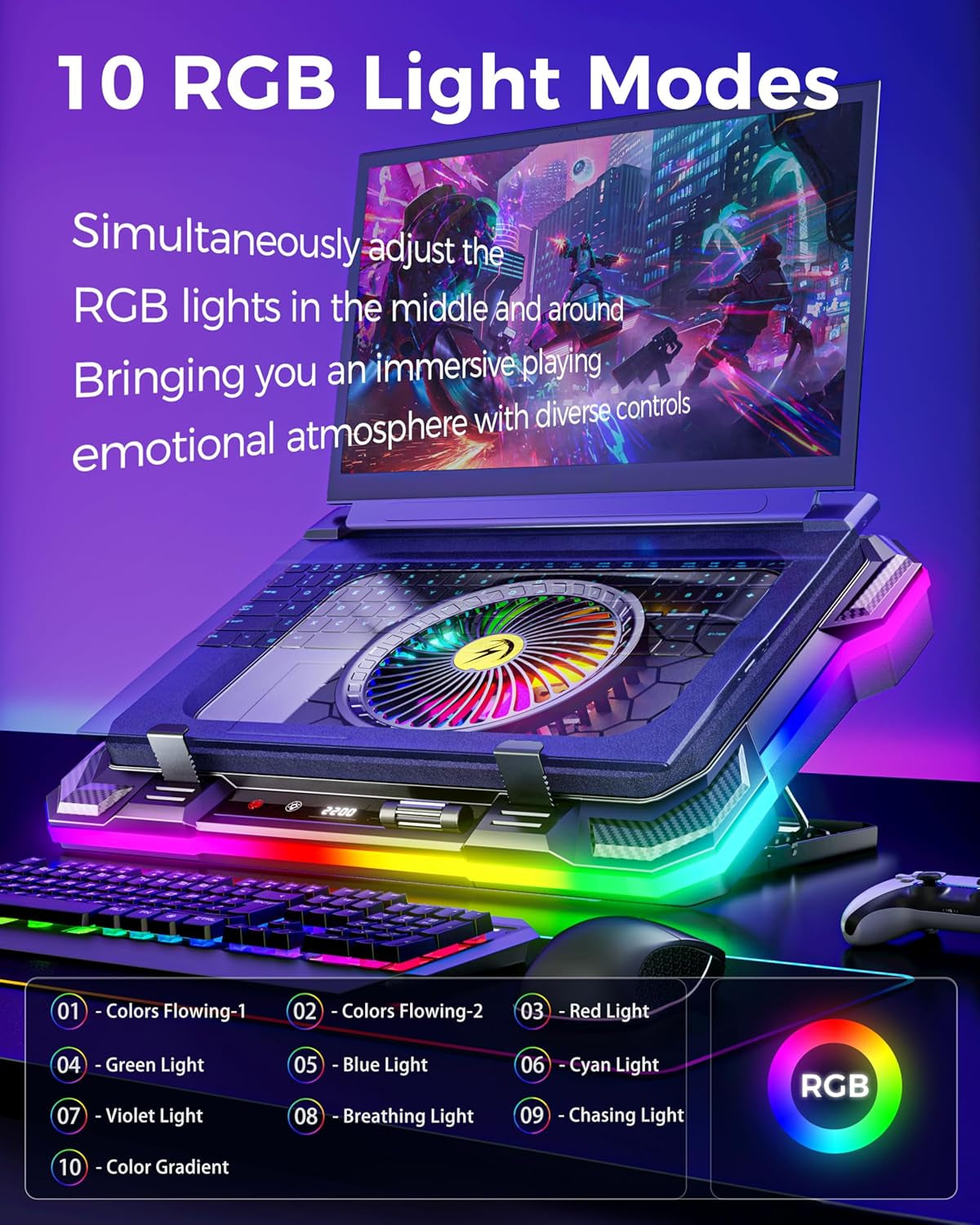 Laptop Cooling Stand Gaming RGB Cooler for 15-19 Inch Heavy Laptop | Gamer PC Computers Partner Fan with Full RGB Lights, 1 Big Powerful Fan Pull up Stand Heat Dissipation