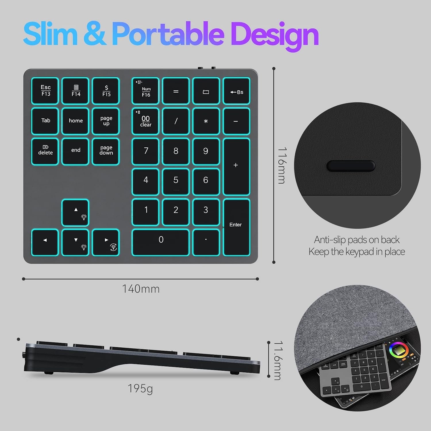 Backlit Bluetooth Numeric Keypad for Laptops and Computers, Number Pads 34 Keys with 7-Color Backlight for Macbook & Windows, Gray