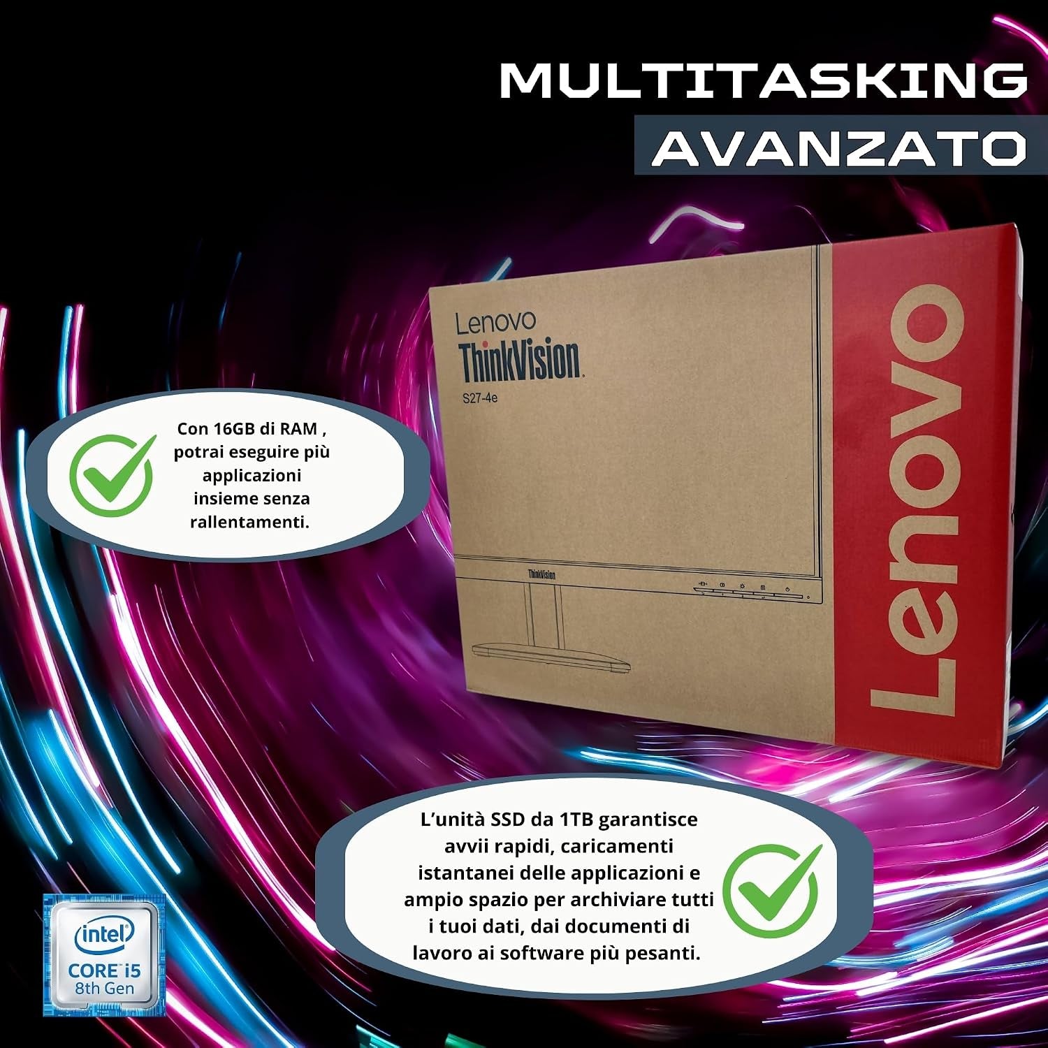 Lenovo Computer Completo Slim 27 Pollici I5 8500 16 GB Di RAM 1 Tera SSD Win 11 Pro Office 2021 Pro 36 Mesi Di Garanzia -S27