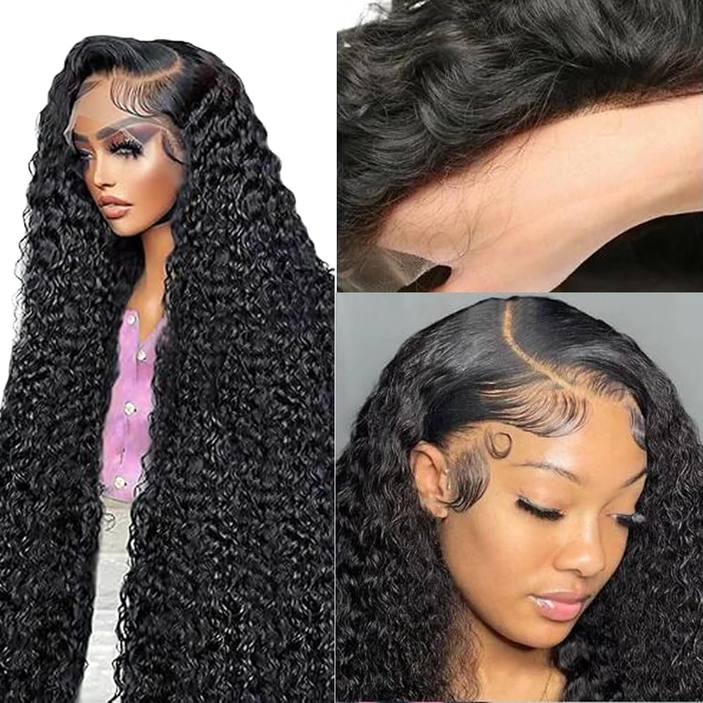 Parrucca Donna Capelli Veri Umani Human Hair Wig Lace Front Wig 13X1 Transparent Lace Natural Black Curly Wave for Women Glueless Wear and Go Minimal Smell Low Shedding 16 Inch