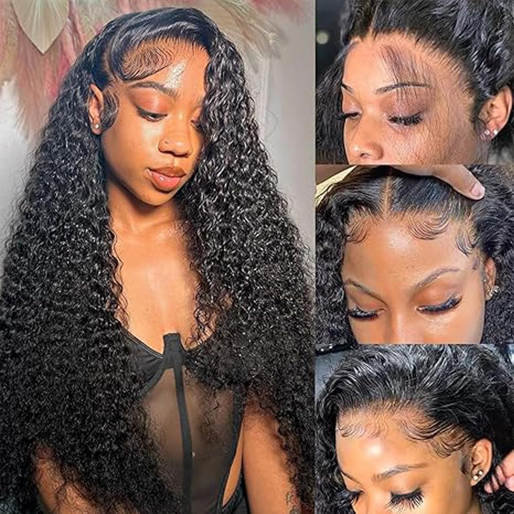 Parrucca Donna Capelli Veri Umani Human Hair Wig Lace Front Wig 13X1 Transparent Lace Natural Black Curly Wave for Women Glueless Wear and Go Minimal Smell Low Shedding 16 Inch