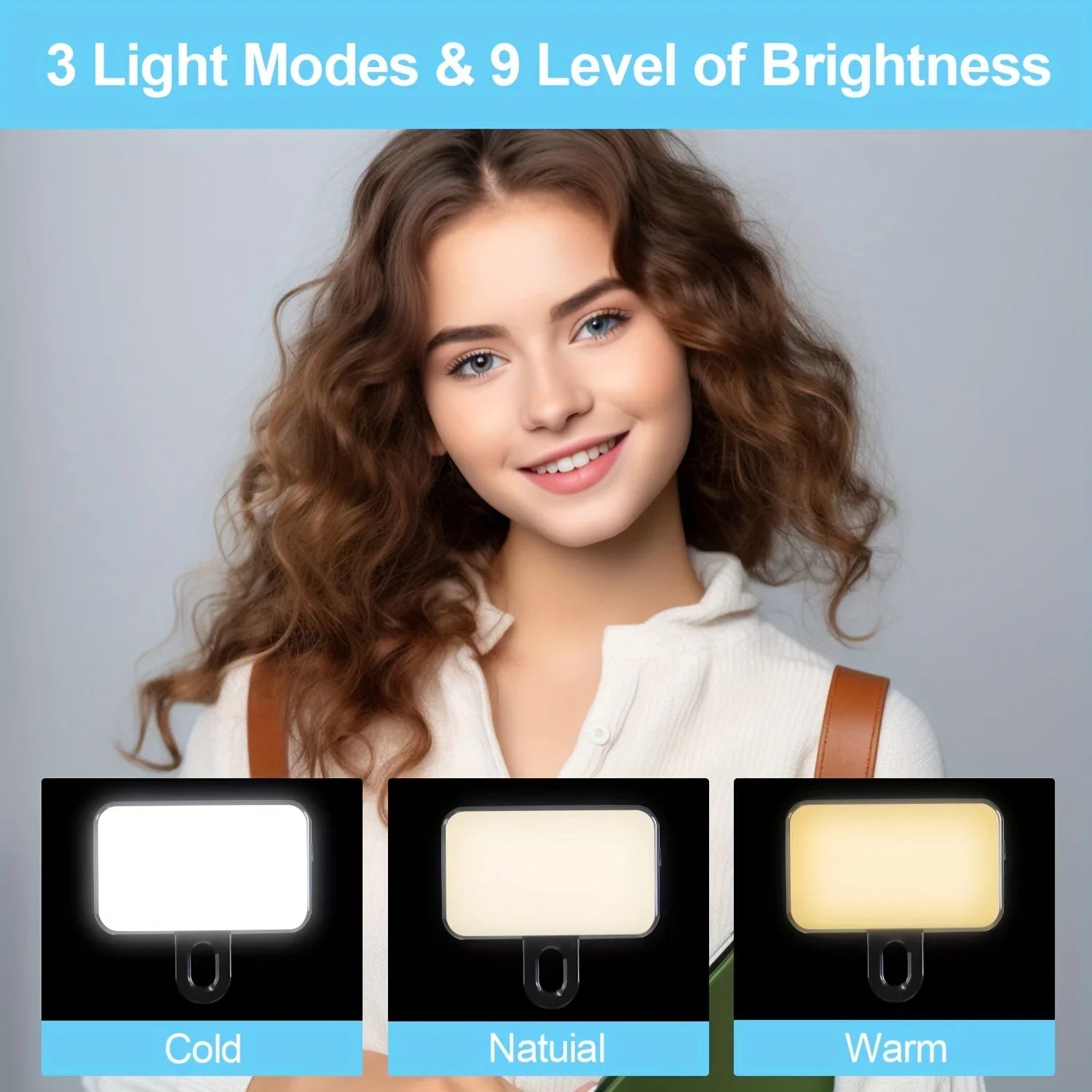Selfie Fill Light – Mini Clip-On LED, Rechargeable, 3 Color Modes & Adjustable Brightness for Phones & Computers