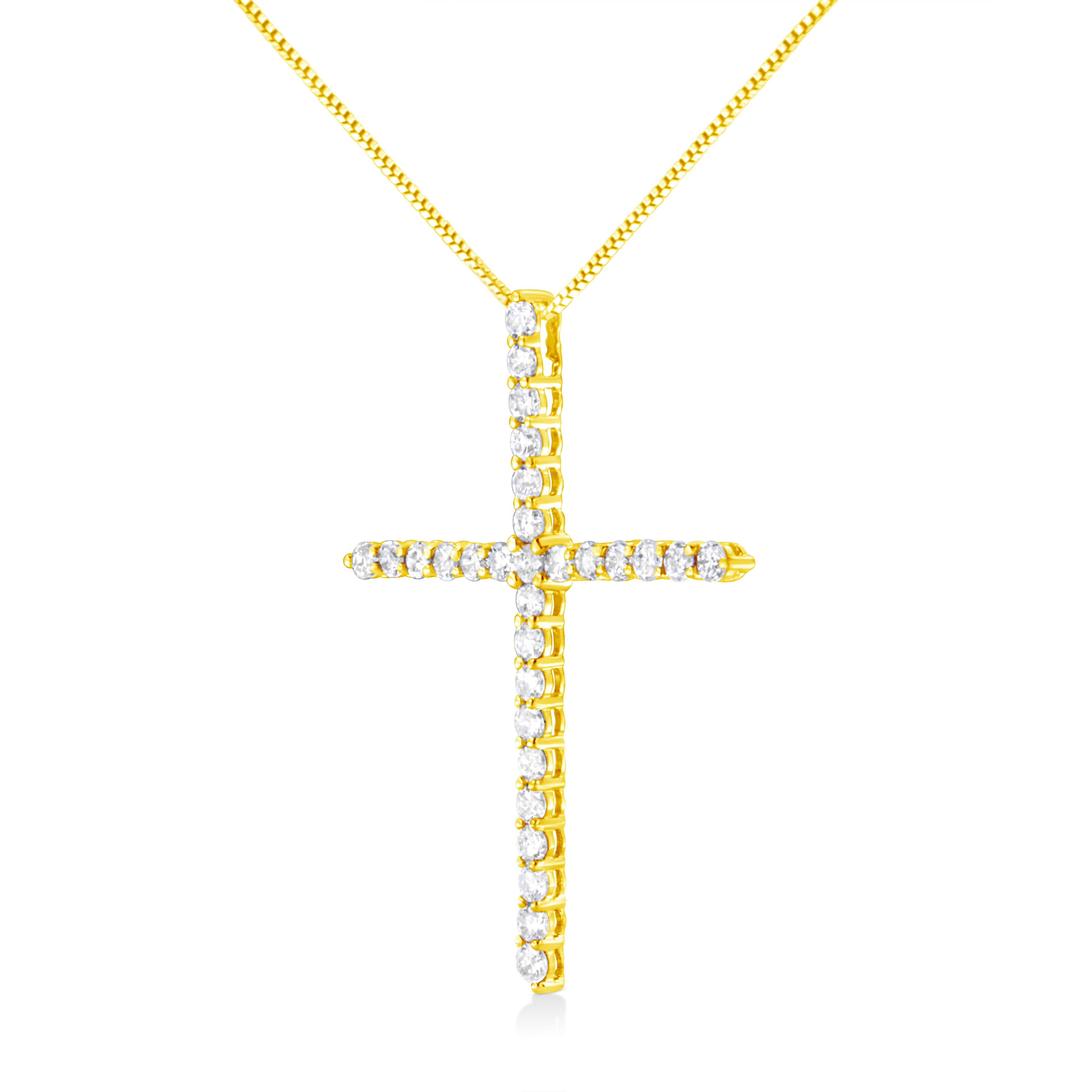 10K Yellow Gold Plated .925 Sterling Silver 3.0 Cttw Prong-Set Round Brilliant Cut Diamond Cross 18" Pendant Necklace (J-K Color, I1-I2 Clarity)