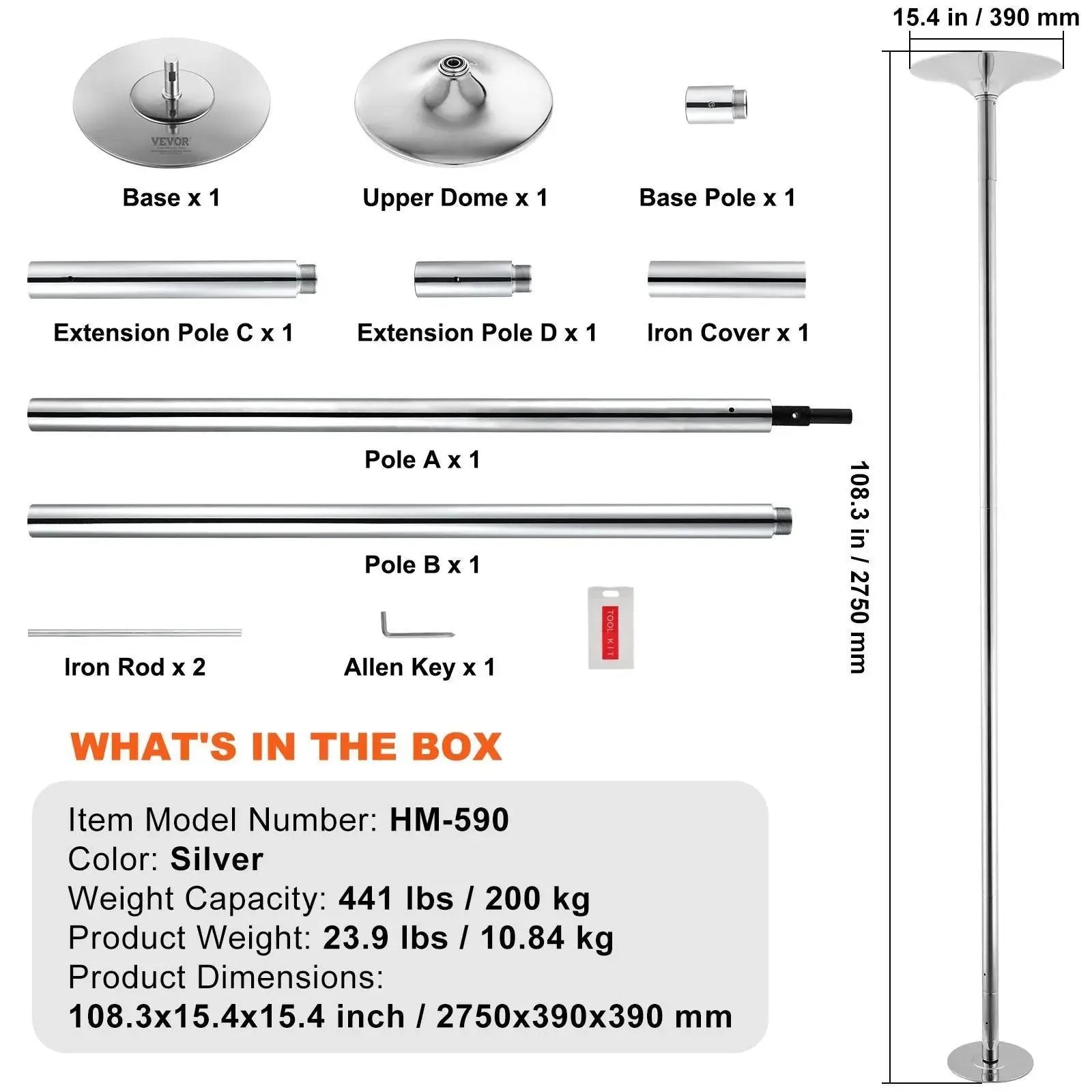 【Summerfinds】Vevor Professional Dancing Pole, , Spinning Static Dancing Pole Kit, Portable Removable Pole, 45Mm Heavy-Duty Stainless Steel Pole, Height Adjustable Fitness Pole, for Exercise Home Club Gym, Silver,Camping Essentials