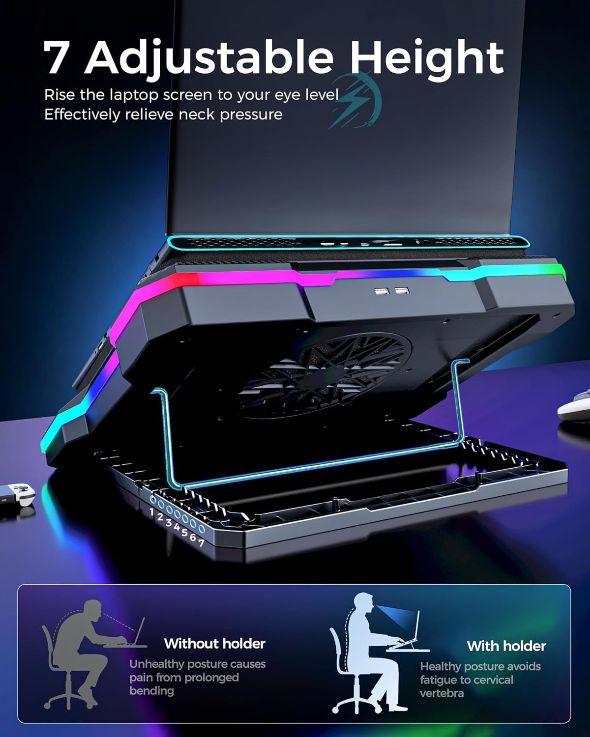 Laptop Cooling Stand Gaming RGB Cooler for 15-19 Inch Heavy Laptop | Gamer PC Computers Partner Fan with Full RGB Lights, 1 Big Powerful Fan Pull up Stand Heat Dissipation