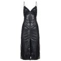 Women's sexy V-neck suspender split-ended dress temperament hip-wrapped tight elastic leather skirt