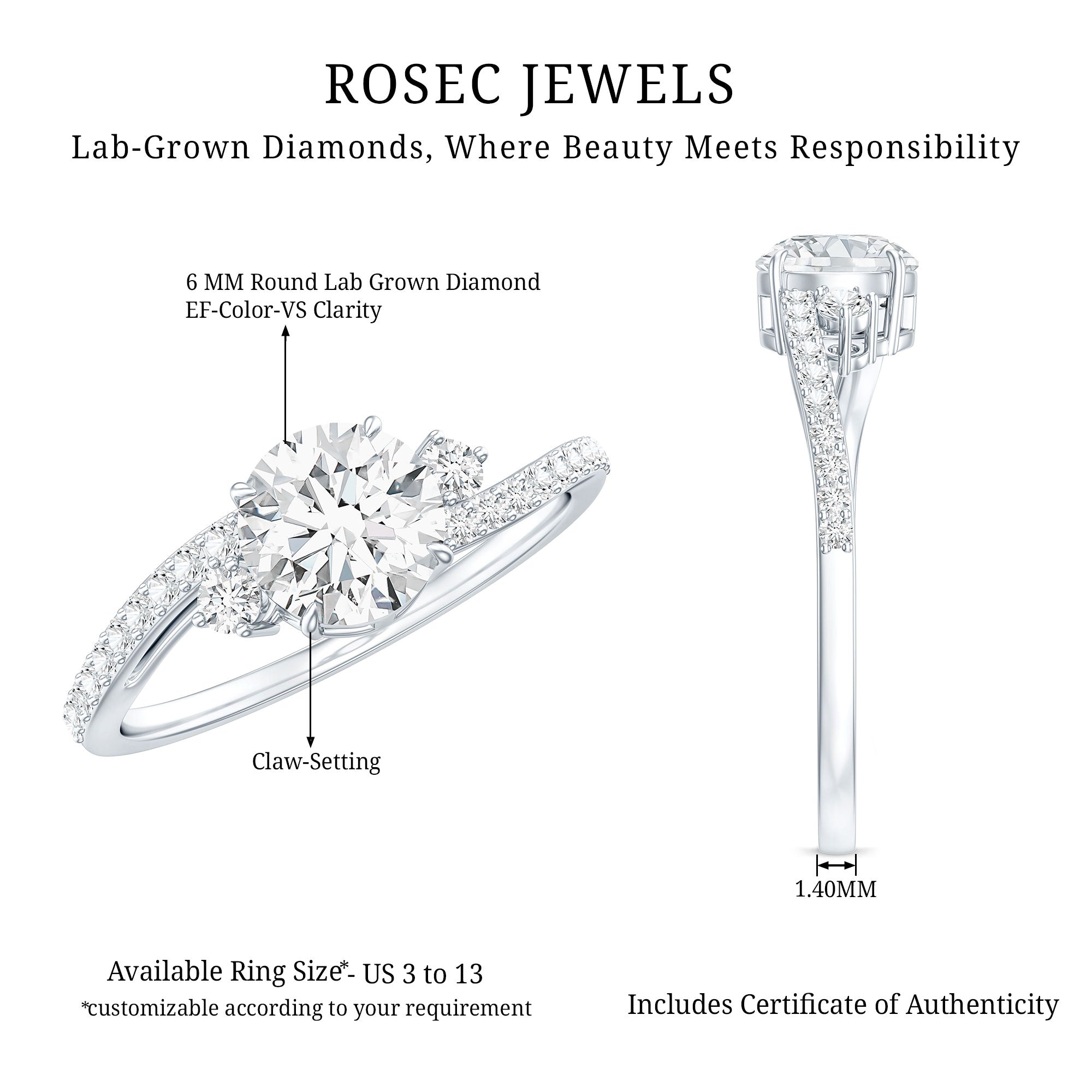 0.9 Carat Lab Grown Diamond Solitaire Engagement Ring With Side Stones