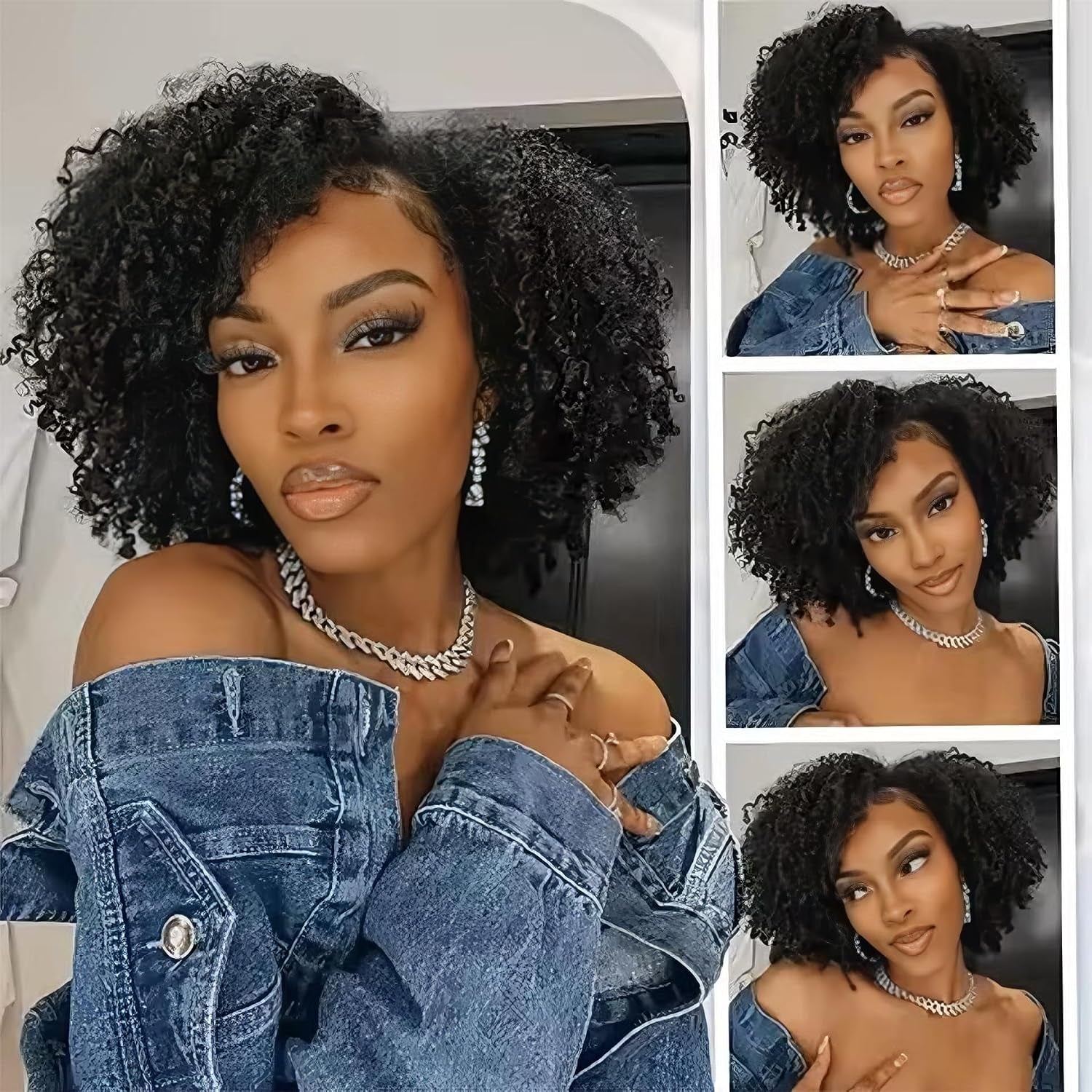 Half Wig Human Hair Kinky Curly 3 in 1 Glueless Seamless Flip over 14 Inch | 180 Density Wear and Go Glueless Wig Human Hair Invisible Hairline Headband Wig for Women Beginner Friendly Natural Black