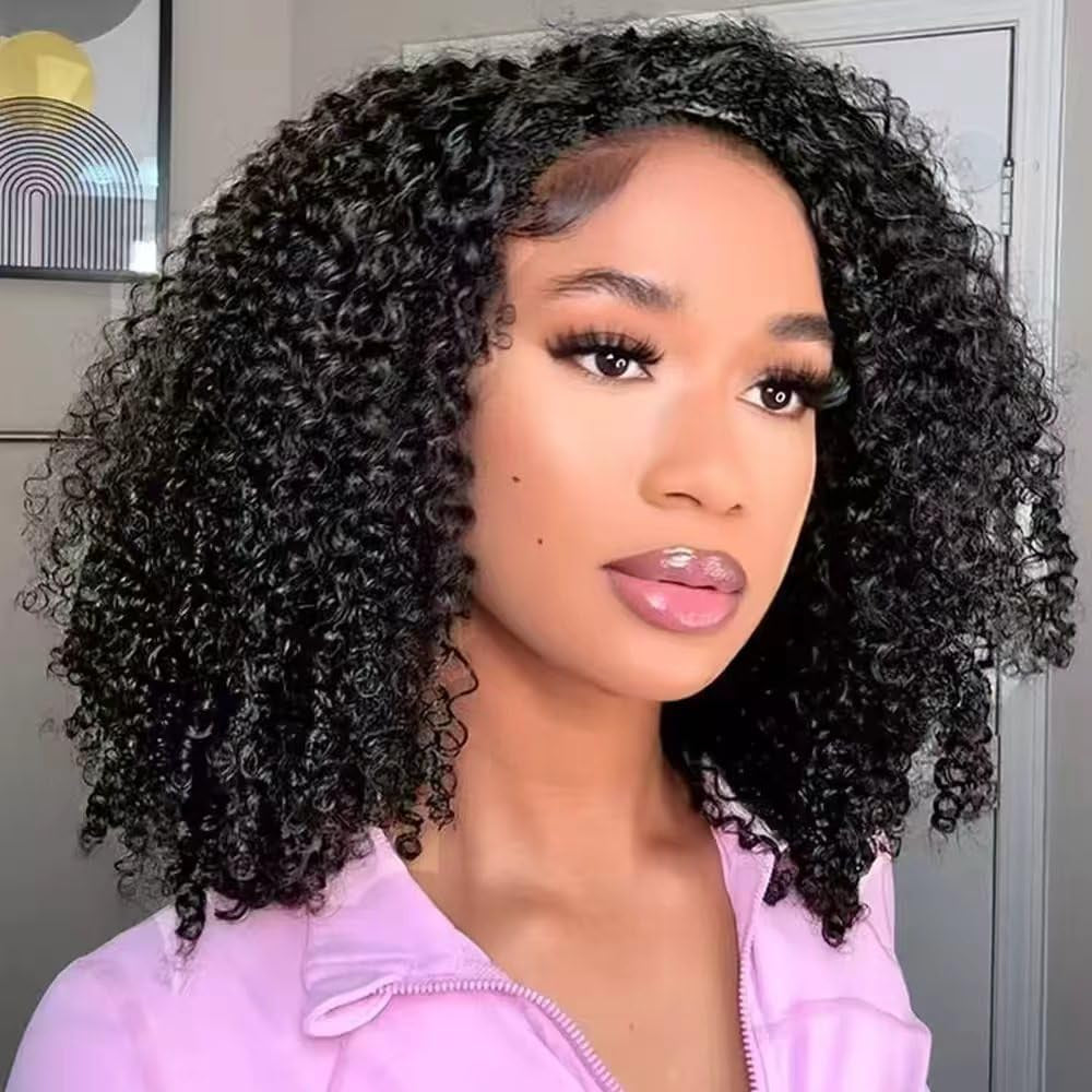 Half Wig Human Hair Kinky Curly 3 in 1 Glueless Seamless Flip over 14 Inch | 180 Density Wear and Go Glueless Wig Human Hair Invisible Hairline Headband Wig for Women Beginner Friendly Natural Black