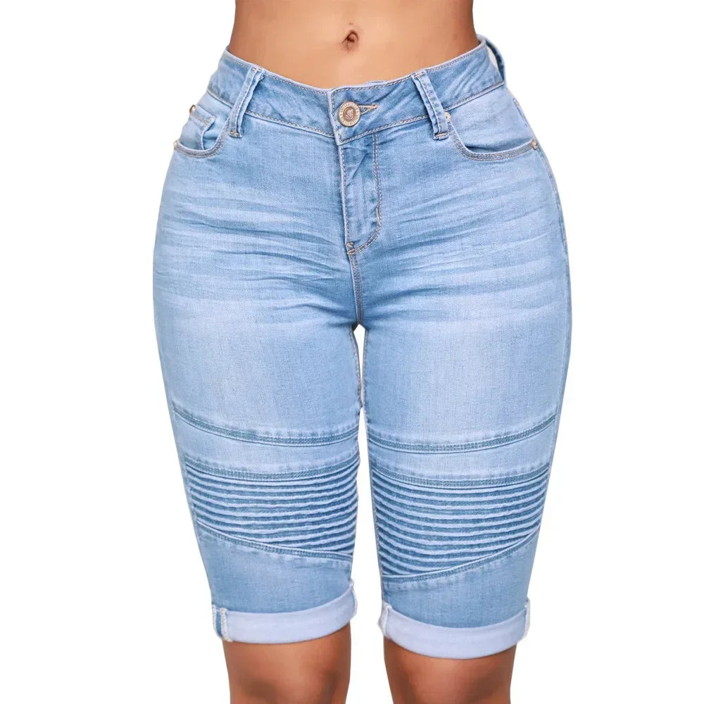 Womens Middle Rise Elastic Denim Shorts Knee Length Curvy Bermuda Stretch Short Jeans