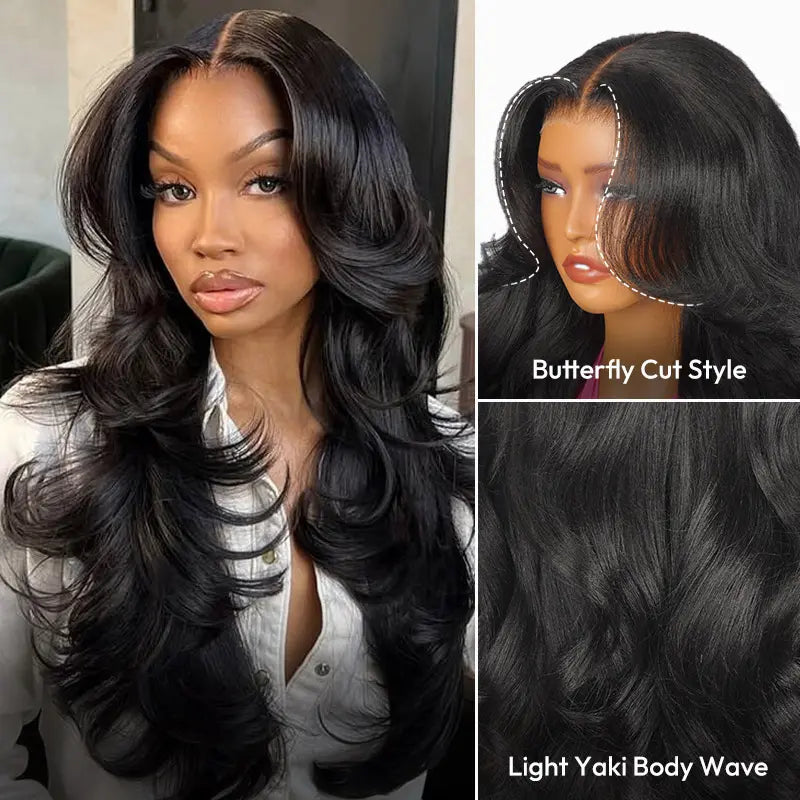 [Quality Upgraded] West Kiss Glueless Butterfly Cut Layered Human Wigs Light Yaki Body Wave 7X5 Lace Closure Wig Pre Plucked Pre Bleached Knots Beignner Friendly