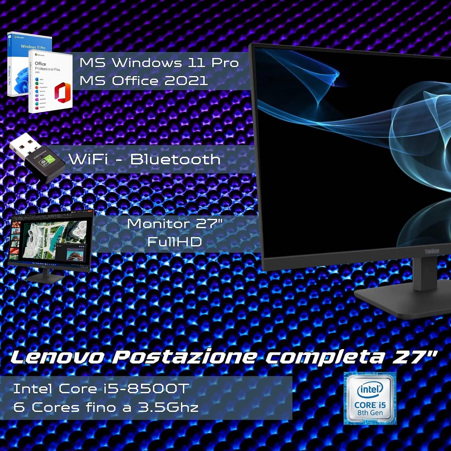 Lenovo Computer Completo Slim 27 Pollici I5 8500 16 GB Di RAM 1 Tera SSD Win 11 Pro Office 2021 Pro 36 Mesi Di Garanzia -S27