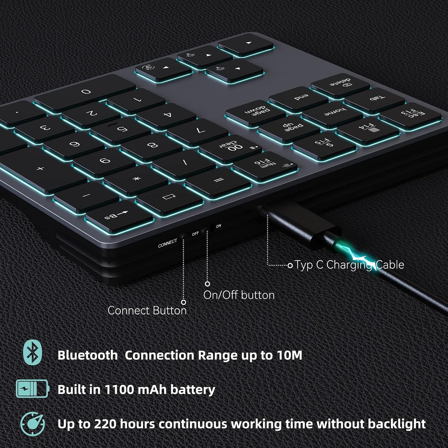 Backlit Bluetooth Numeric Keypad for Laptops and Computers, Number Pads 34 Keys with 7-Color Backlight for Macbook & Windows, Gray