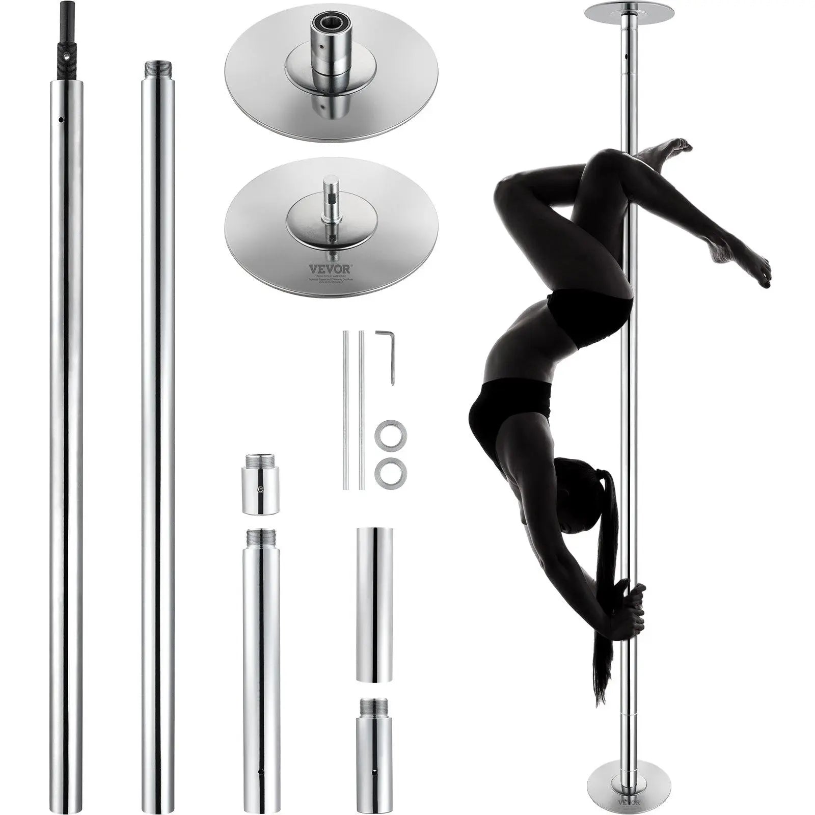 【Summerfinds】Vevor Professional Dancing Pole, , Spinning Static Dancing Pole Kit, Portable Removable Pole, 45Mm Heavy-Duty Stainless Steel Pole, Height Adjustable Fitness Pole, for Exercise Home Club Gym, Silver,Camping Essentials