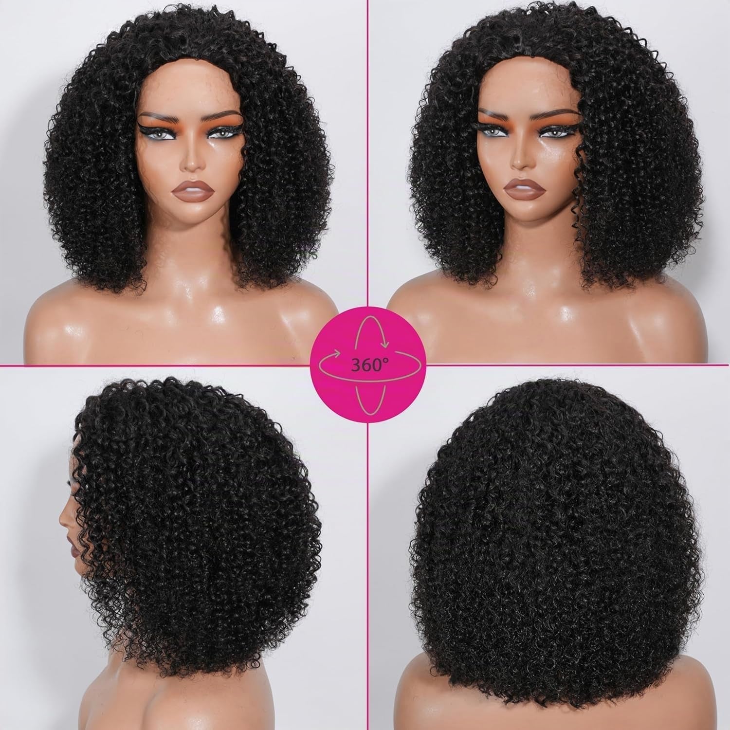 Half Wig Human Hair Kinky Curly 3 in 1 Glueless Seamless Flip over 14 Inch | 180 Density Wear and Go Glueless Wig Human Hair Invisible Hairline Headband Wig for Women Beginner Friendly Natural Black