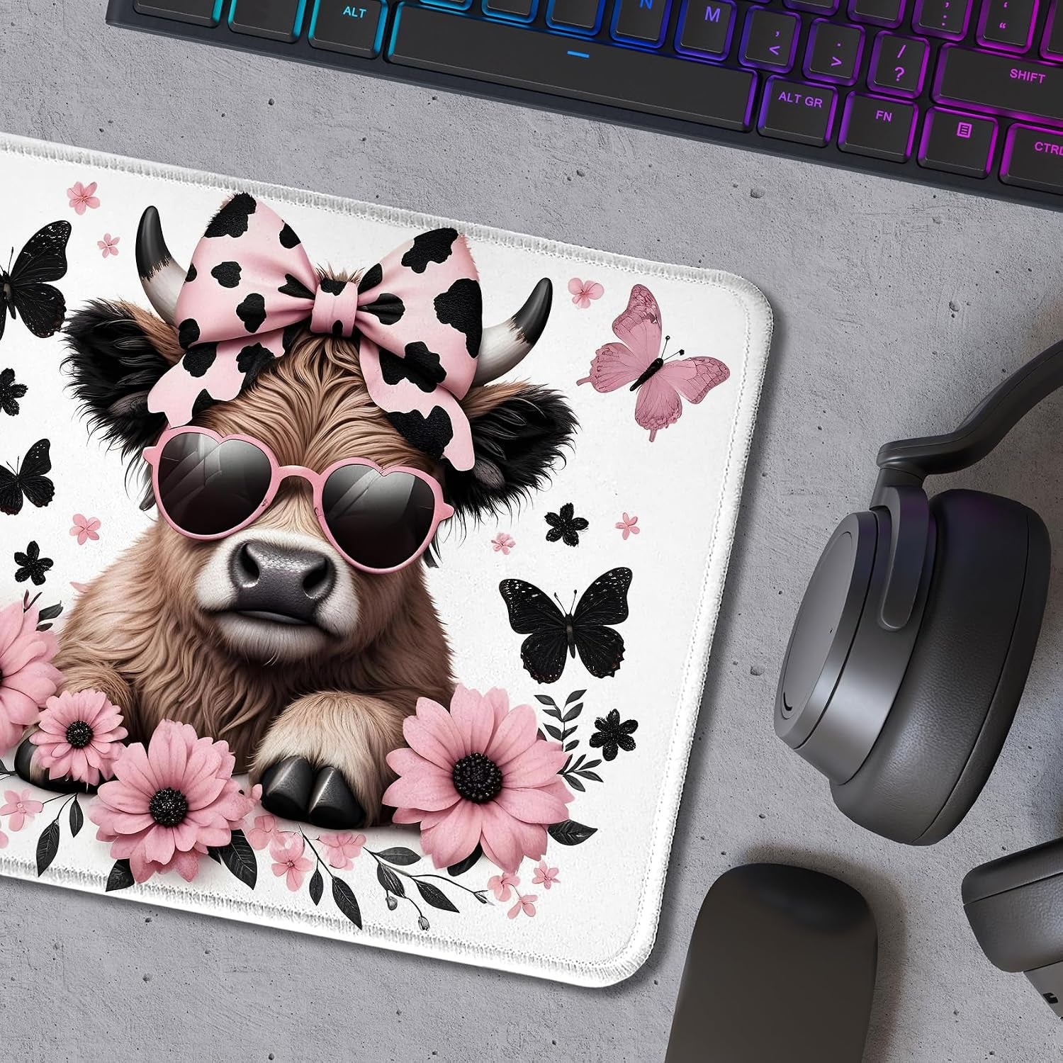 Highland Cow Mouse Pad, Coquette Pink Bow Floral Cow Mouse Pads for Wireless Mouse Computers Laptop Desk Accessories, 9.5X7.9 Inch