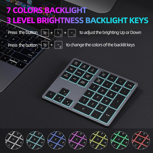 Backlit Bluetooth Numeric Keypad for Laptops and Computers, Number Pads 34 Keys with 7-Color Backlight for Macbook & Windows, Gray