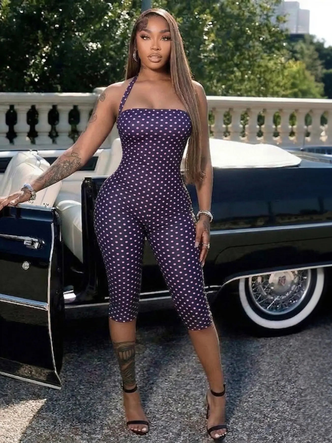 Women'S Polka Dot Sleeveless Halter Bodycon Long Pants, Elegant Retro Style, Halter Neck Jumpsuit, Perfect for Daily Commute and Dates, Elegant Fashion Jumpsuit