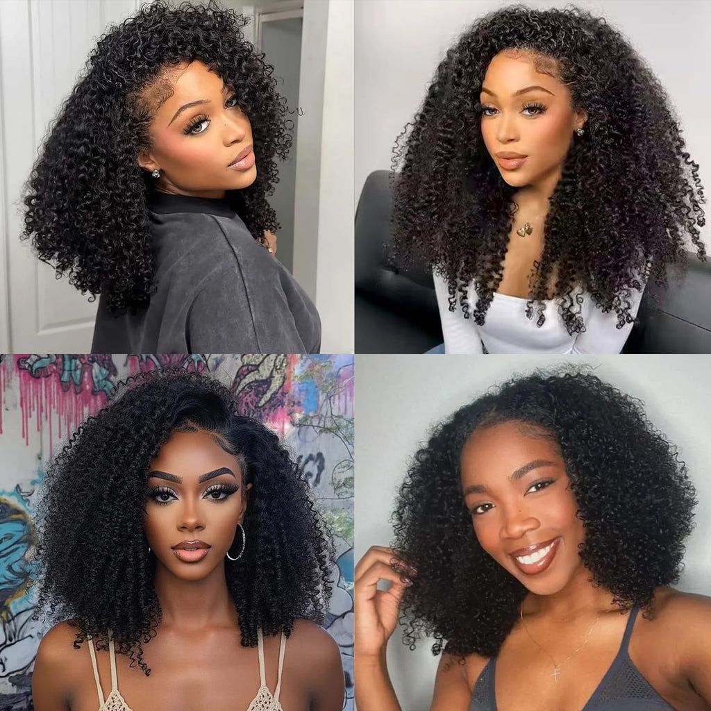 Half Wig Human Hair Kinky Curly 3 in 1 Glueless Seamless Flip over 14 Inch | 180 Density Wear and Go Glueless Wig Human Hair Invisible Hairline Headband Wig for Women Beginner Friendly Natural Black