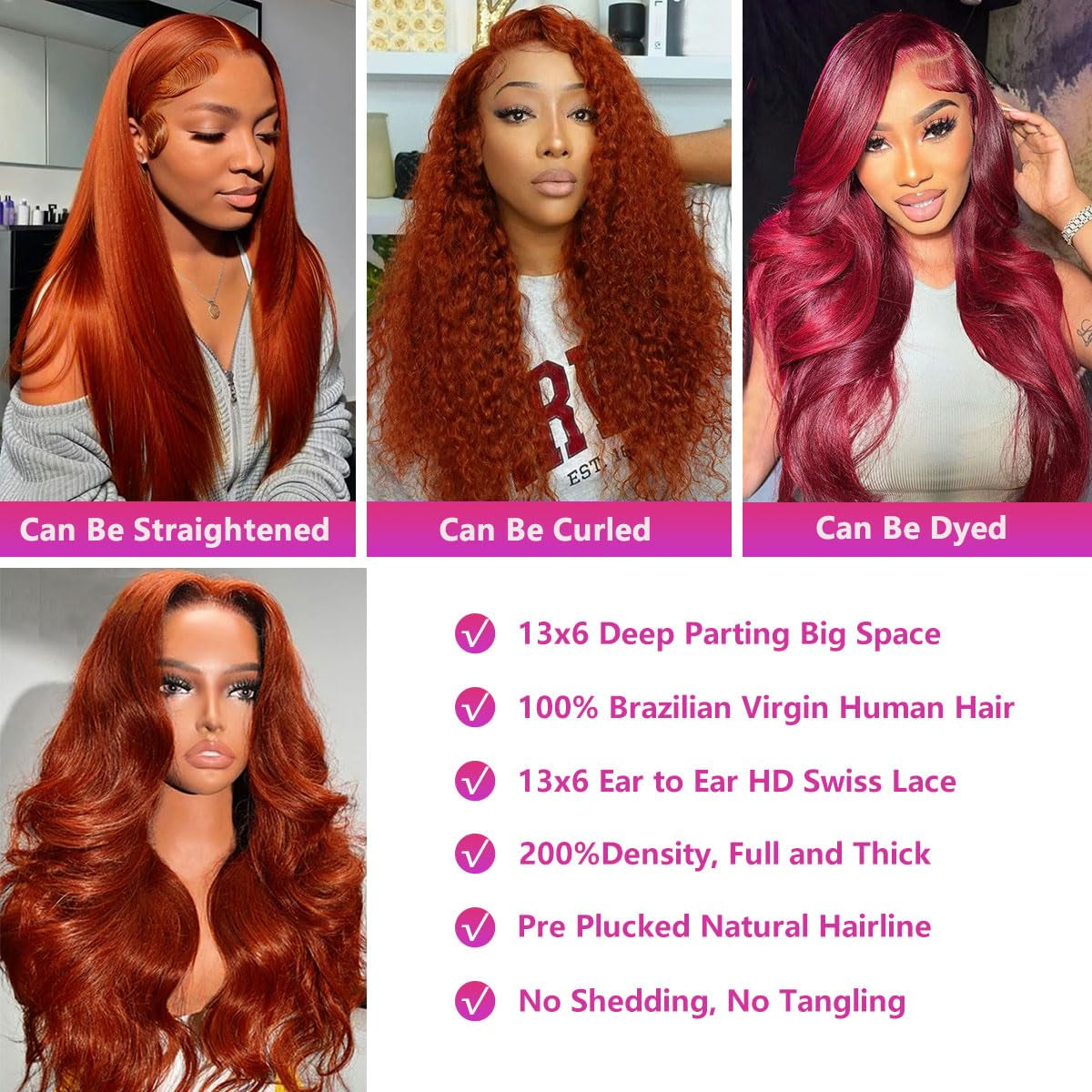 Reddish Brown Lace Front Wigs Human Hair Body Wave 200% Density Pre Plucked Auburn Brown Human Hair 13X6 Lace Front Wigs HD Transparent Lace Frontal Colored Wigs Human Hair for Women 24 Inch