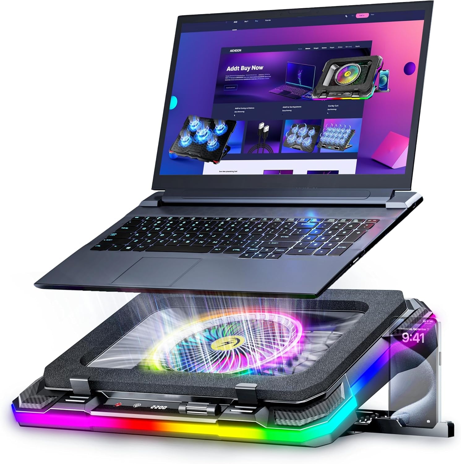 Laptop Cooling Stand Gaming RGB Cooler for 15-19 Inch Heavy Laptop | Gamer PC Computers Partner Fan with Full RGB Lights, 1 Big Powerful Fan Pull up Stand Heat Dissipation