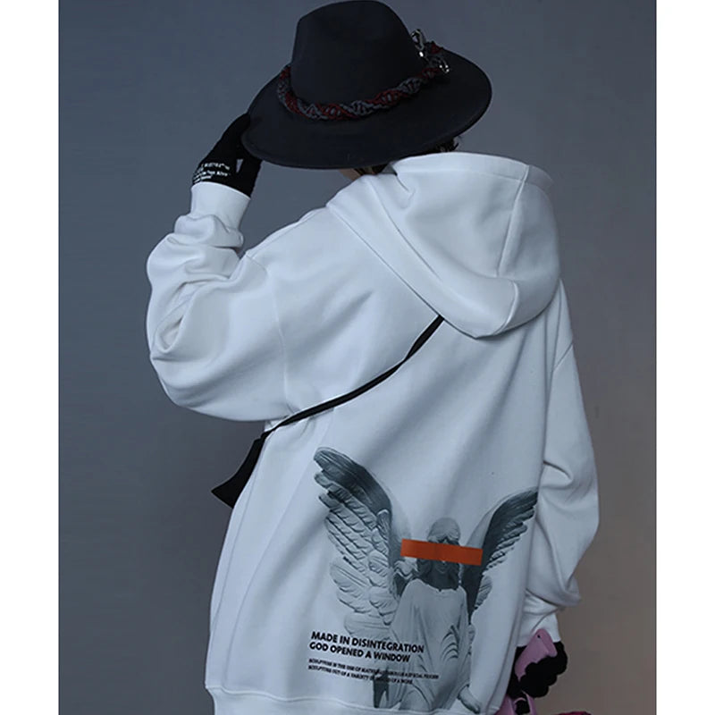 Mens 2025 Hip Hop Streetwear Harajuku Pullover Angel God Printed Hoodie Pocket Cotton Fleece Pullover Grey Hooded Sweatshirt
