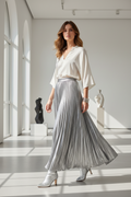 Spring 2024 Women Long Metallic Silver Maxi Pleated Skirt Midi Skirt High Waist Elascity Casual Party Skirt