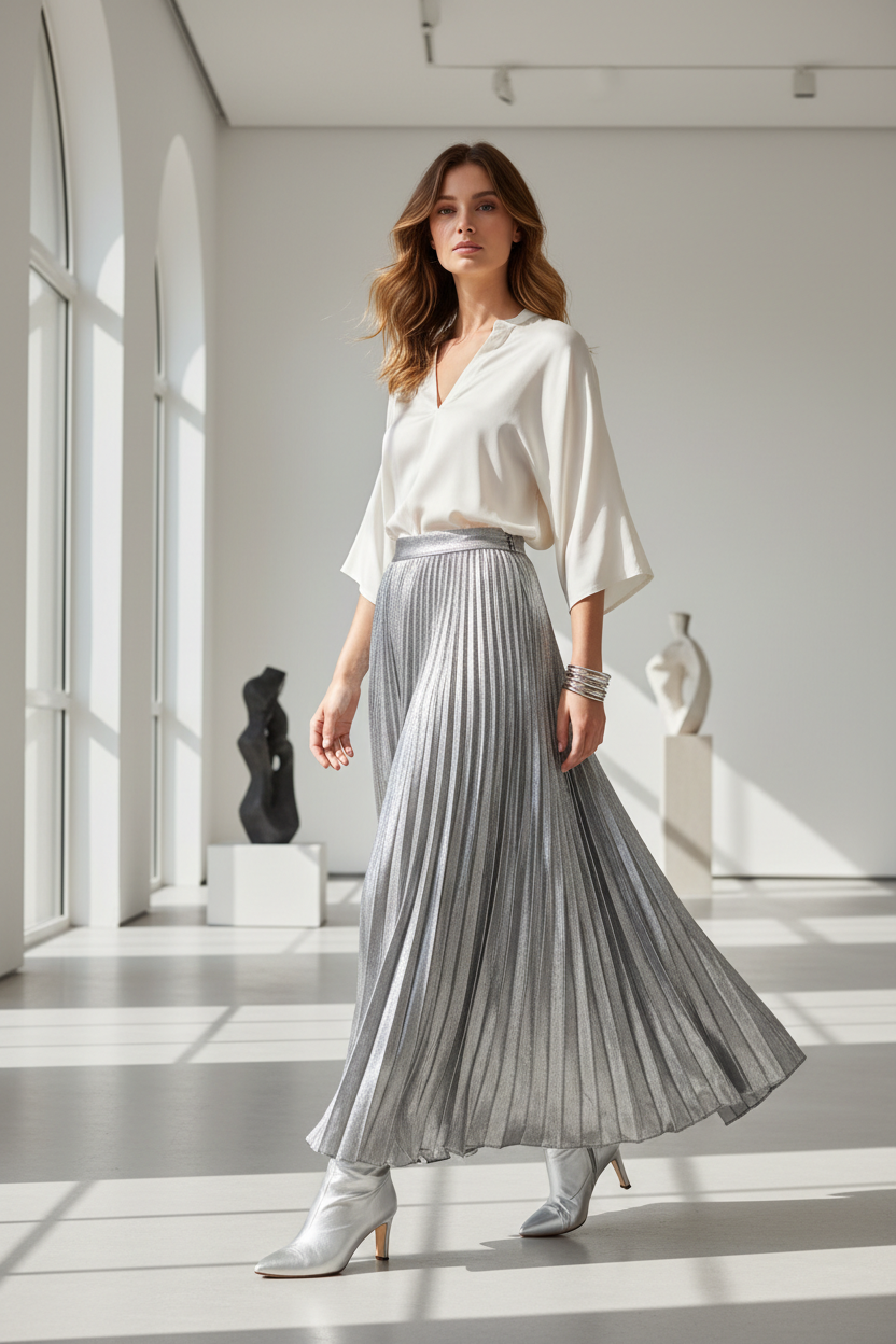 Spring 2024 Women Long Metallic Silver Maxi Pleated Skirt Midi Skirt High Waist Elascity Casual Party Skirt